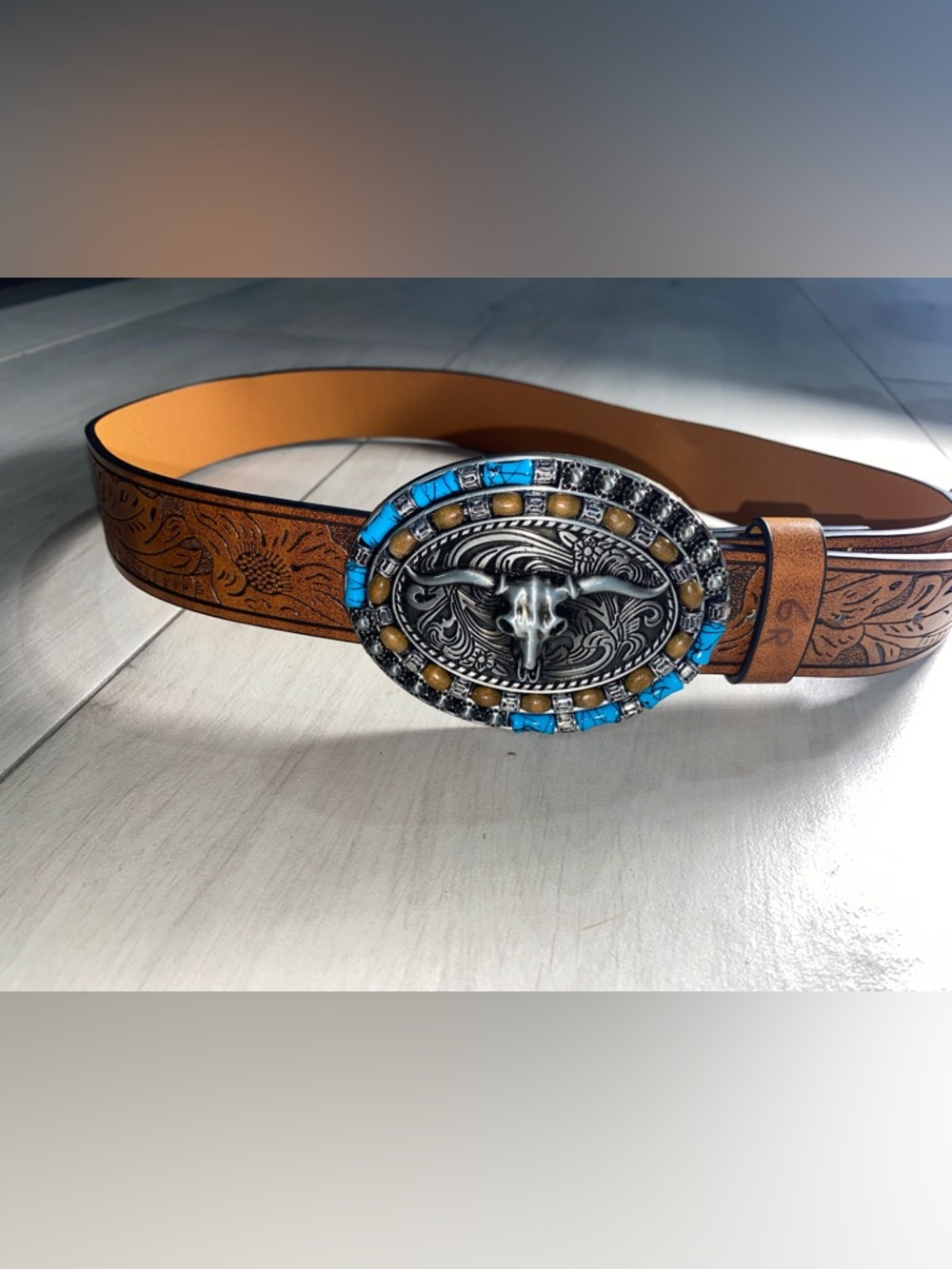 Tan Tooled Leather Western Belt with Turquoise Accent Oval Buckle